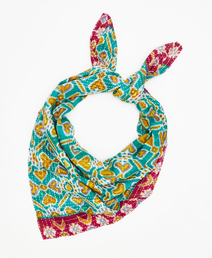 one-of-a-kind teal, red, and yellow geometric coton square scarf