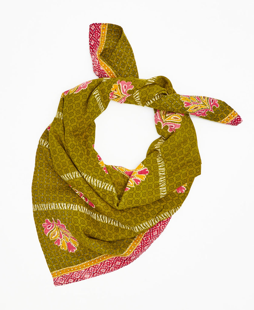olive green cotton square scarf with pink and yellow floral details and traditional kantha stitching along the edges
