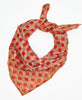 brown cotton square scarf with red polka-dots and yellow traditional kantha stitching along the edges
