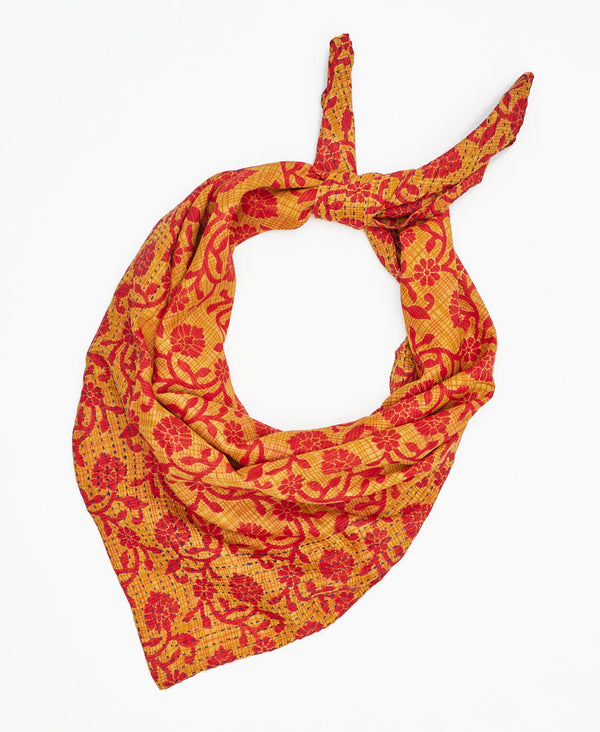 orange and red floral cotton square scarf with traditional kantha stitching along the edges