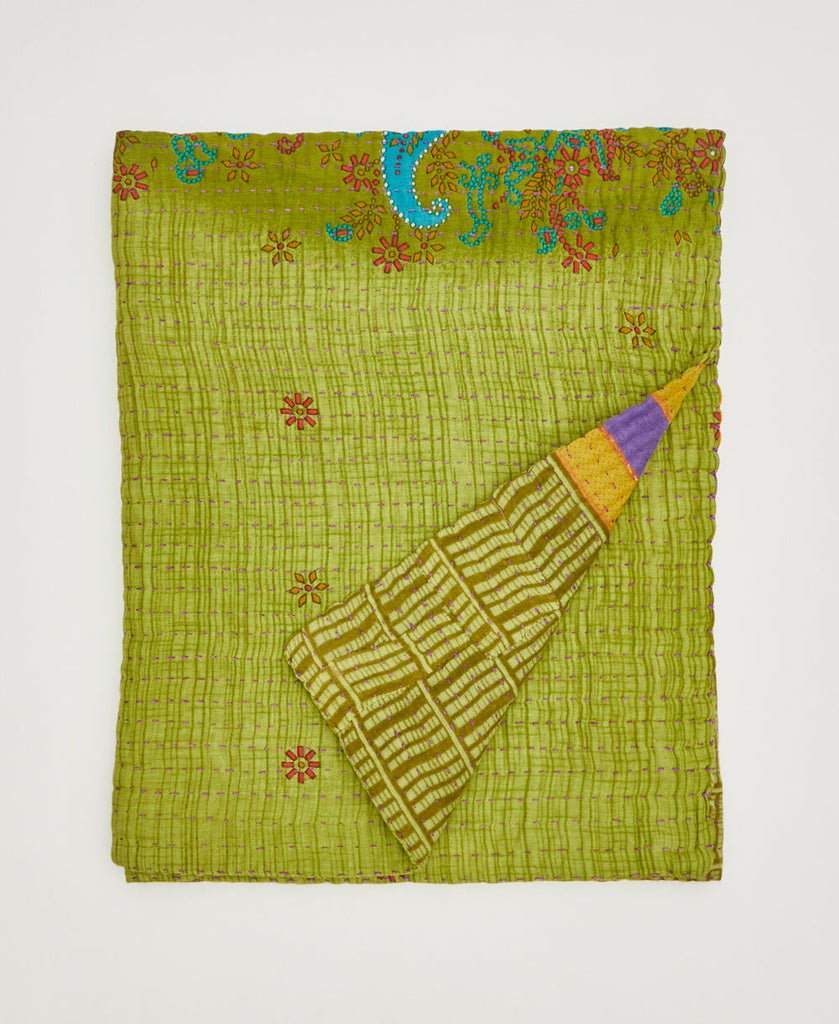 Bight green small throw quilt sustainably crafted using upcycled vintage cotton saris 