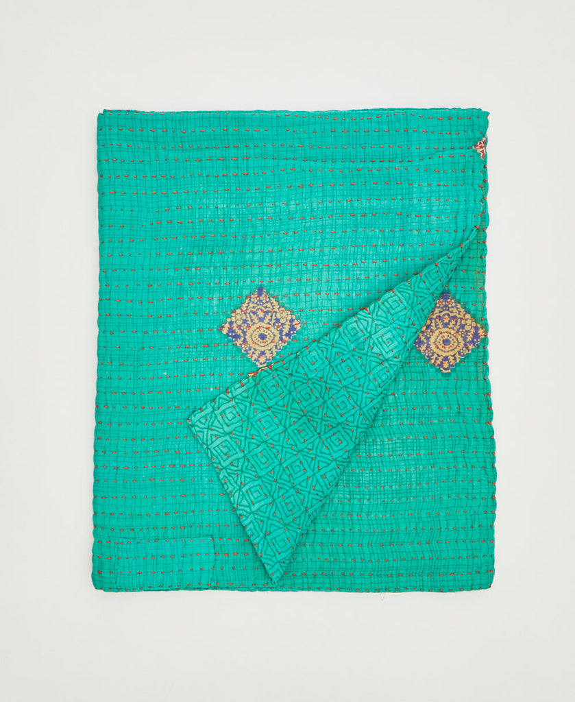 Bright teal small quilt throw sustainably crafted small throw quilt created using repurposed vintage cotton saris 