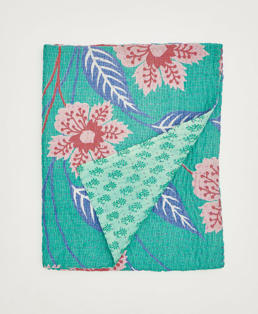 Blue and pink floral small throw quilt sustainably crafted using repurposed vintage cotton saris 