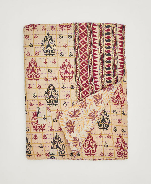Red and tan sustainably crafted small throw quilt  sustainably crafted using traditional kantha hand stitching 