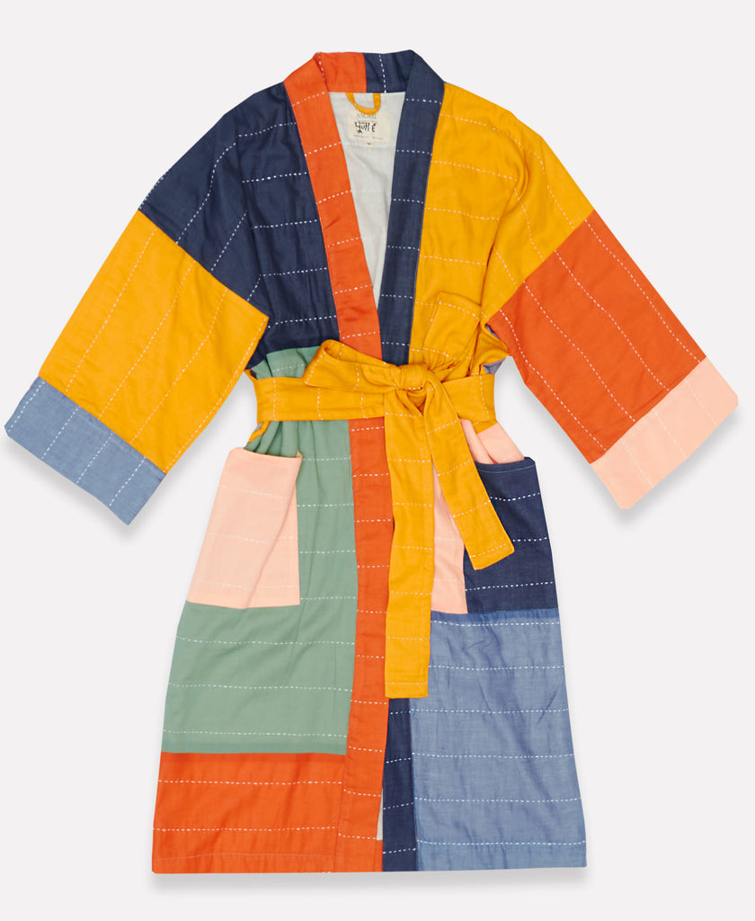 Robe with checkered design featuring red, peach, green, and dark yellow colors