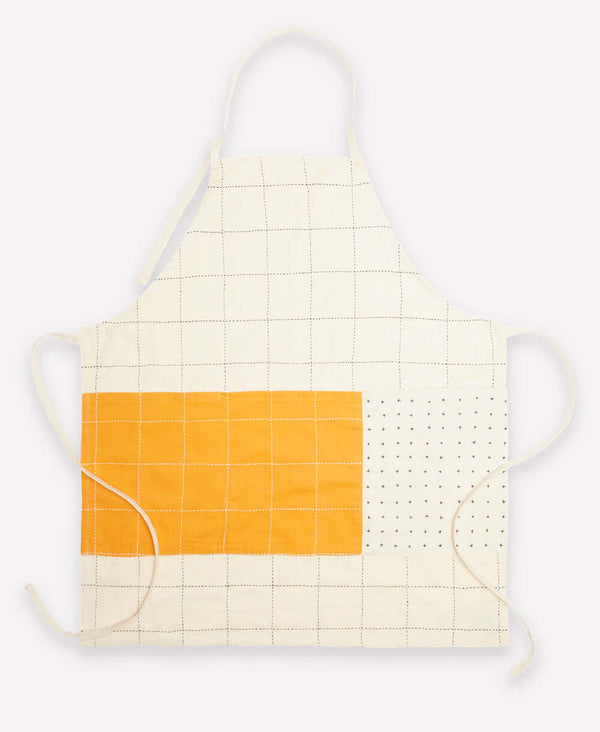 organic cotton full apron with adjustable ties in modern grid pattern