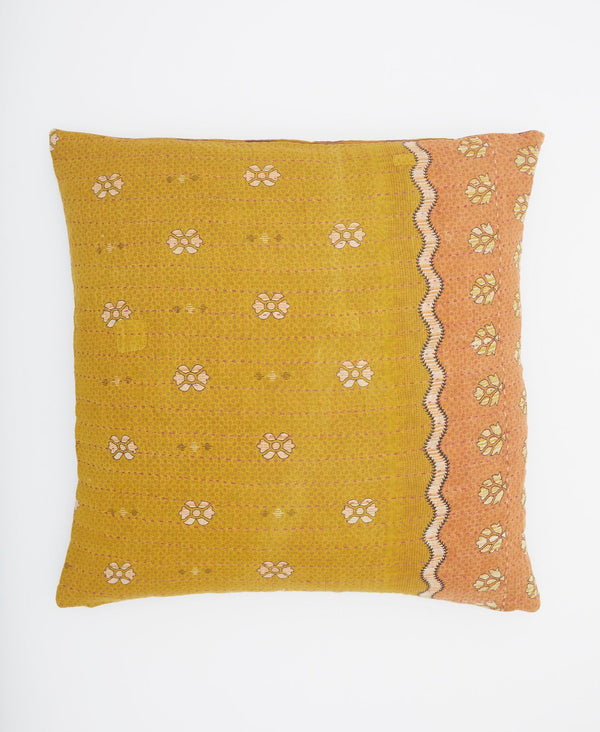 Yellow and orange stamp floral print pillow made from vintage fabrics 