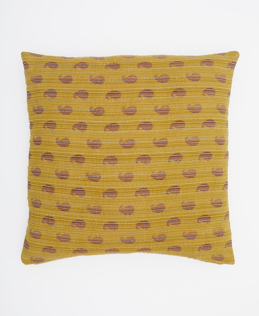 mustard yellow vintage cotton throw pillow featuring blue kantha stitching 