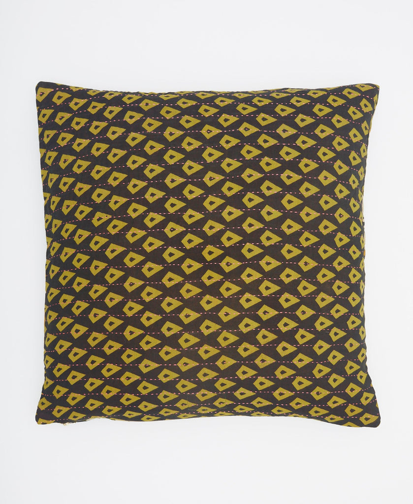 Black vintage kantha throw pillow featuring a bold yellow stamp print and pink kantha stitching 