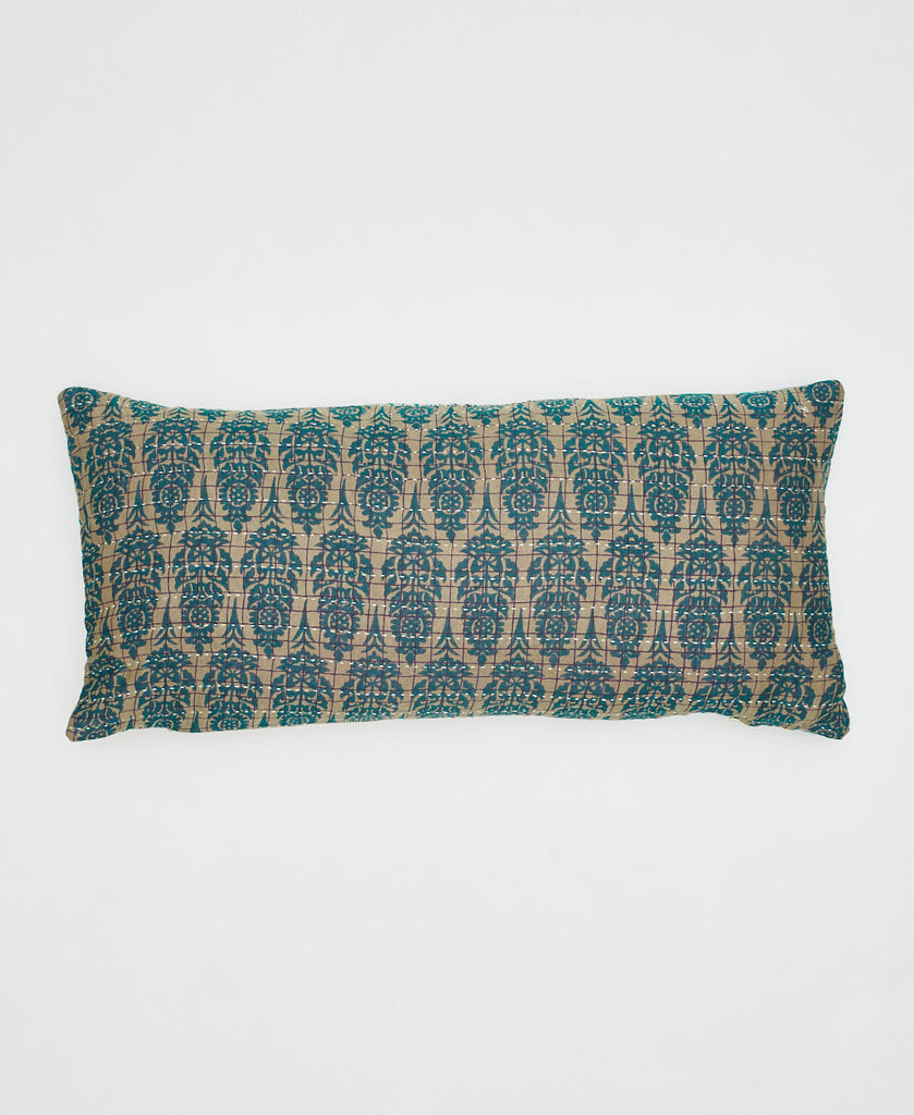 beige cotton lumbar pillow with teal paisleys and flowers 