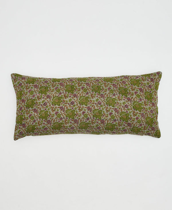 green floral cotton lumbar pillow with small red flowers and kantha embroidery