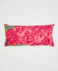 pink floral cotton lumbar pillow with white kantha embroidery