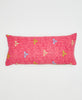 pink vintage cotton lumbar pillow with green, blue, and beige clovers and white kantha stitching 