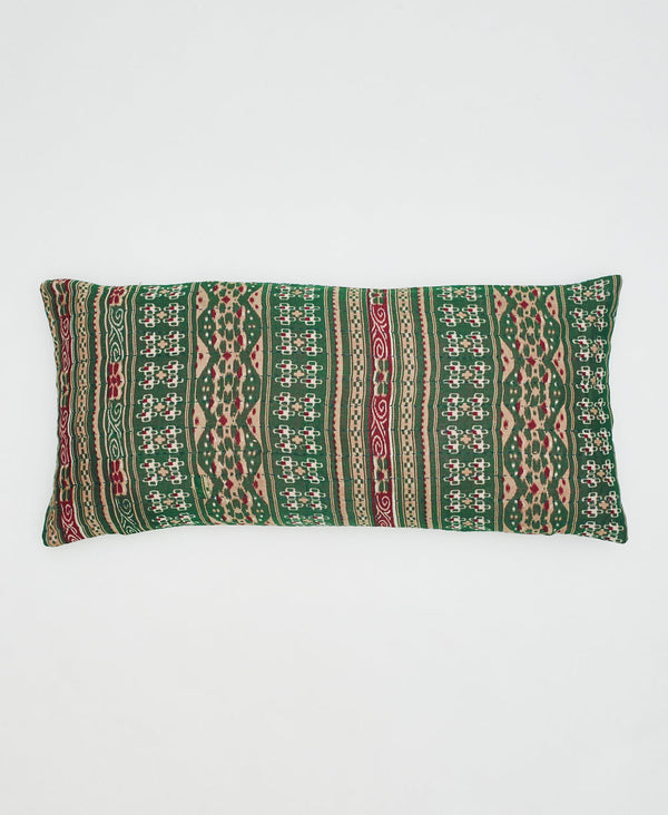 green, beige, and red striped cotton lumbar pillow with kantha stitching 