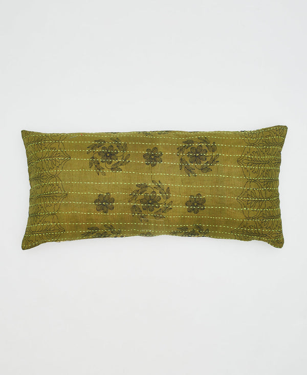 green floral sustainable lumbar pillow with bright kantha stitching 