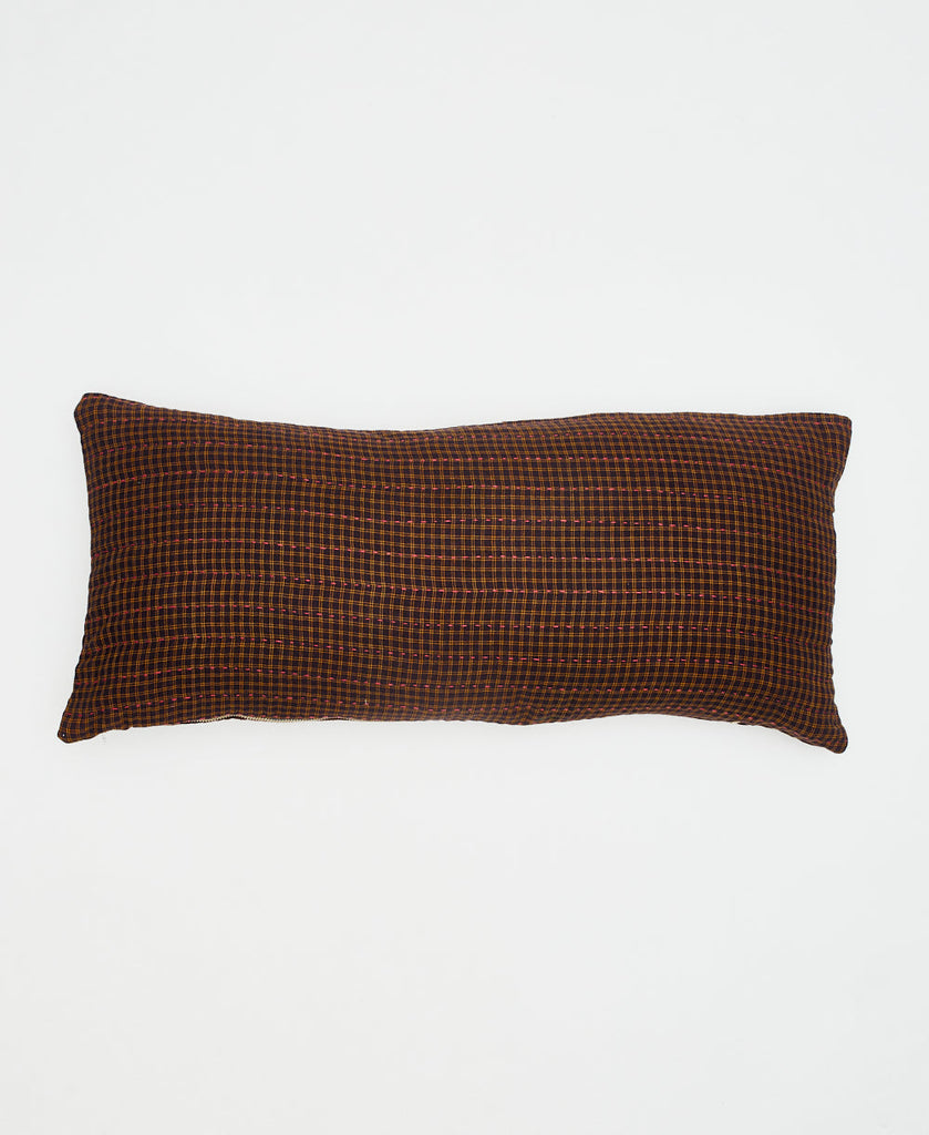 brown cotton lumbar pillow with small yellow grid pattern and pink kantha stitching 