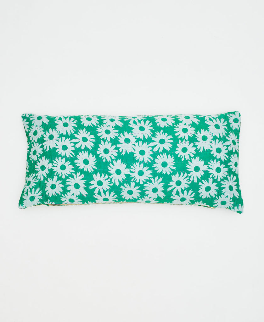 eco-friendly teal cotton lumbar pillow with white flowers 