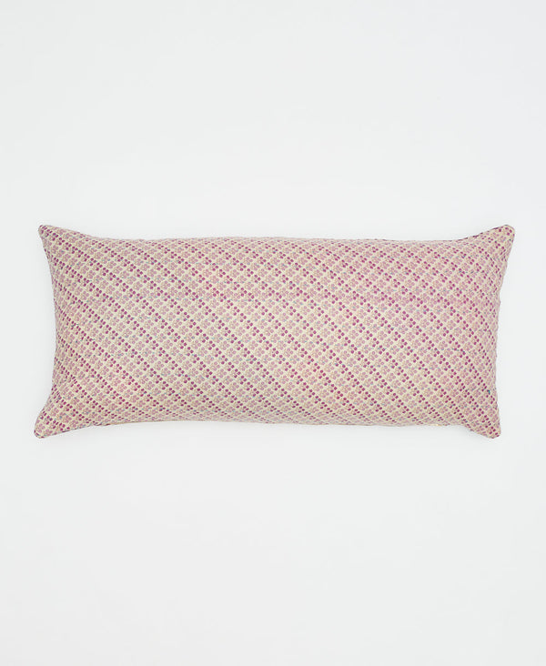 Small purple print cotton lumbar pillow with a white base