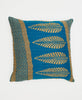 blue vintage cotton pillow with gold leaves and details and traditional kantha stitching