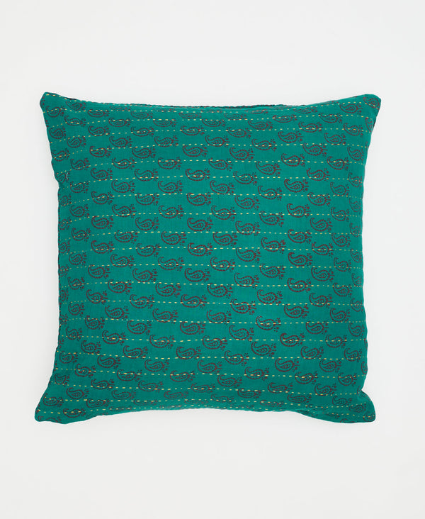 eco-friendly teal throw pillow with black paisleys and traditional kantha stitching 