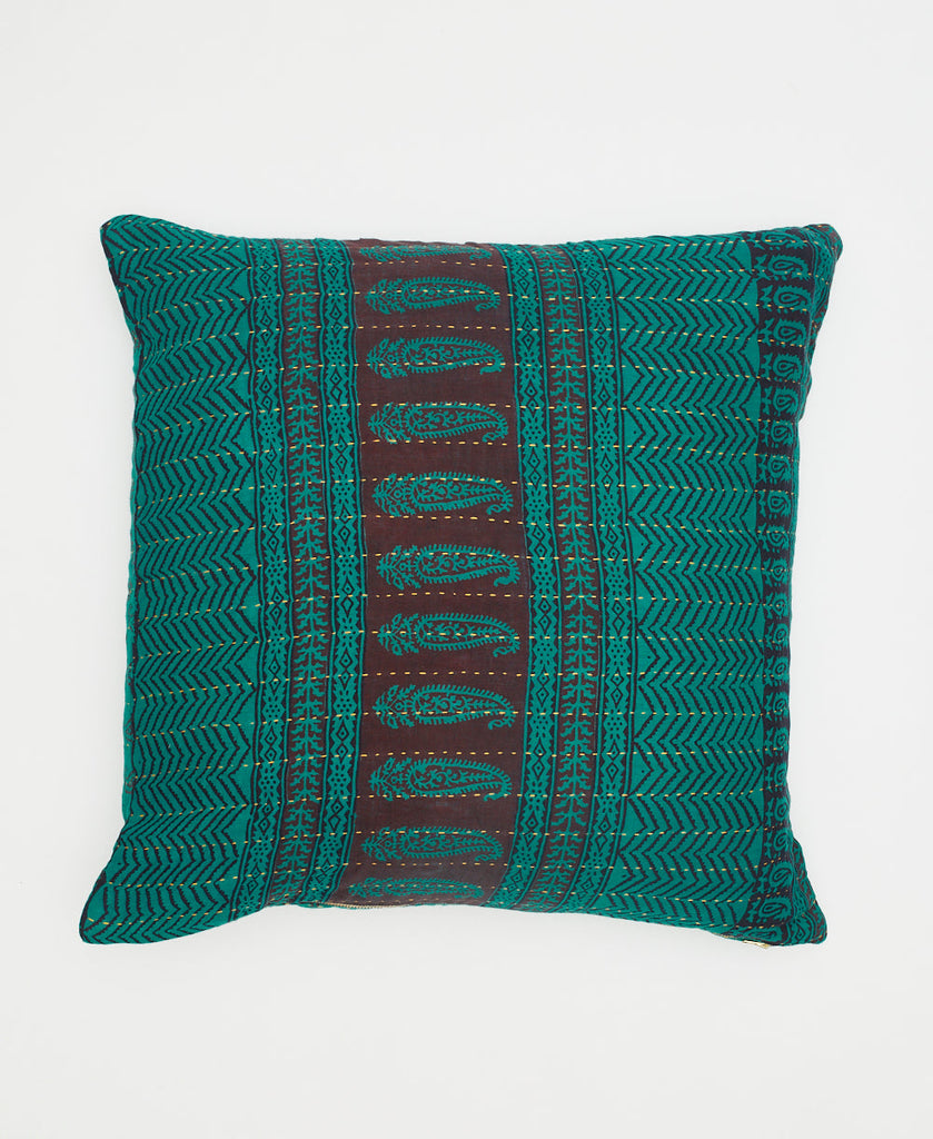 teal cotton throw pillow with brown chevron stripes and paisleys with traditional kantha stitching 