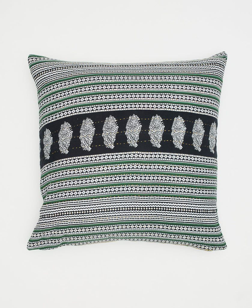 white cotton throw pillow with green and black stripes and paisleys and traditional kantha stitching