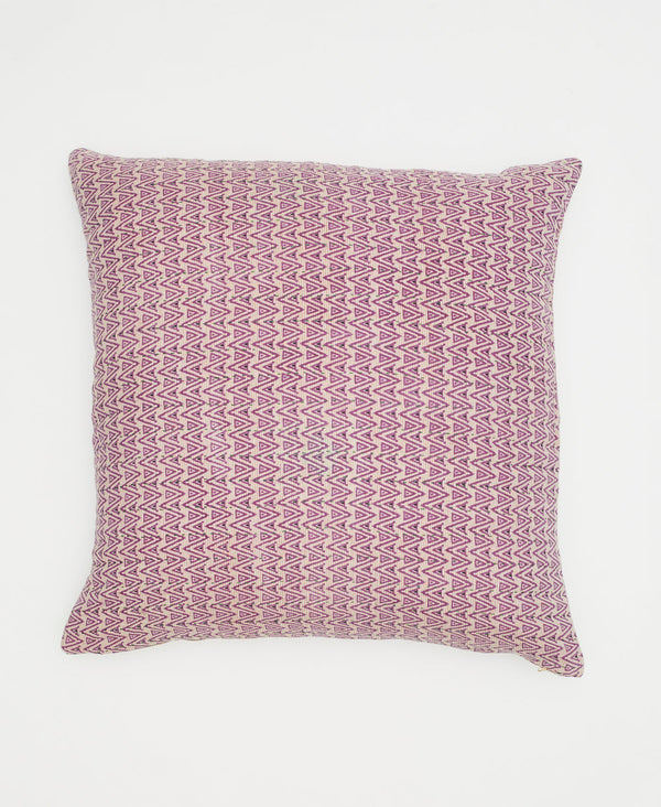 white sustainable throw pillow with pink chevron stripes and traditional kantha stitching 