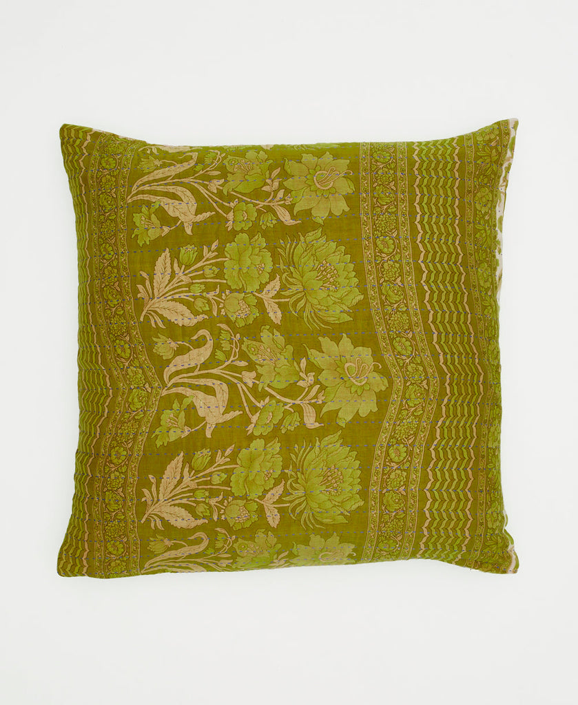green floral striped throw pillow with traditional kantha stitching 