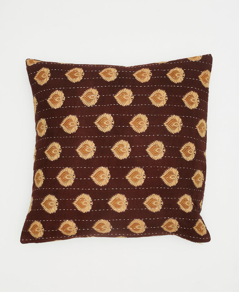 brown sustainable throw pillow with yellow paisleys and white traditional kantha stitching 