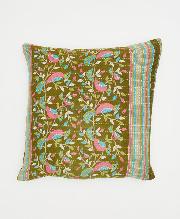 olive green cotton throw pillow with teal, pink, and pale green birds, vines, and stripes