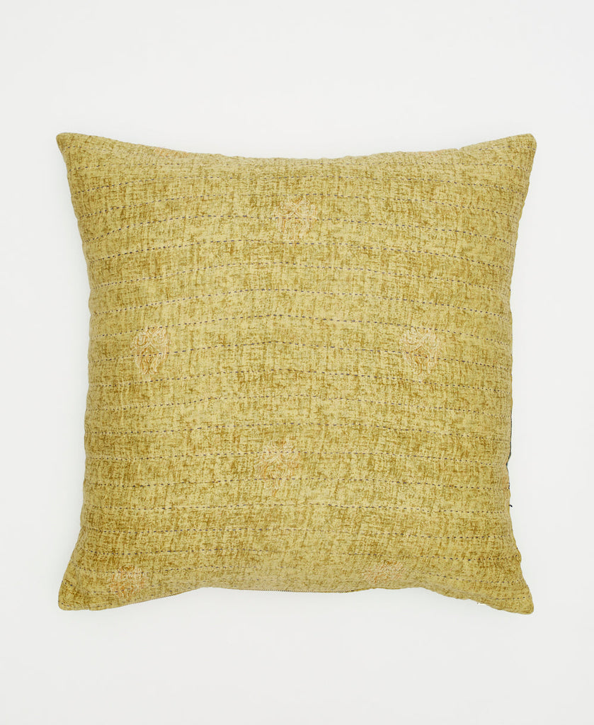 yellow green cotton throw pillow with blue traditional kantha stitching 
