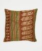 brown, green, and beige paisley sustainable cotton throw pillow with kantha stitching 