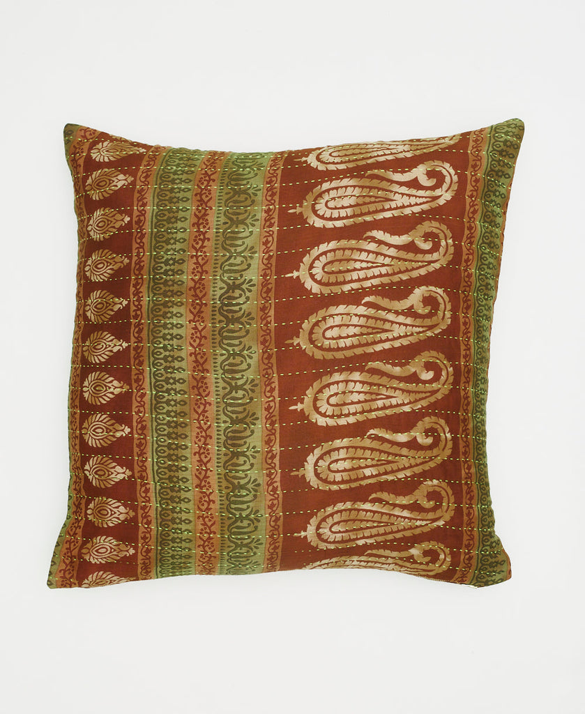 brown, green, and beige paisley sustainable cotton throw pillow with kantha stitching 