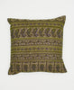 green and blue paisley striped cotton throw pillow with kantha embroidery 