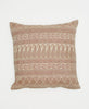 white cotton sustainable throw pillow with beige paisleys and traditional kantha stitching 