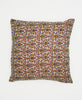 beige one-of-a-kind reversible throw pillow with blue, green, and red flowers and traditional kantha stitching 