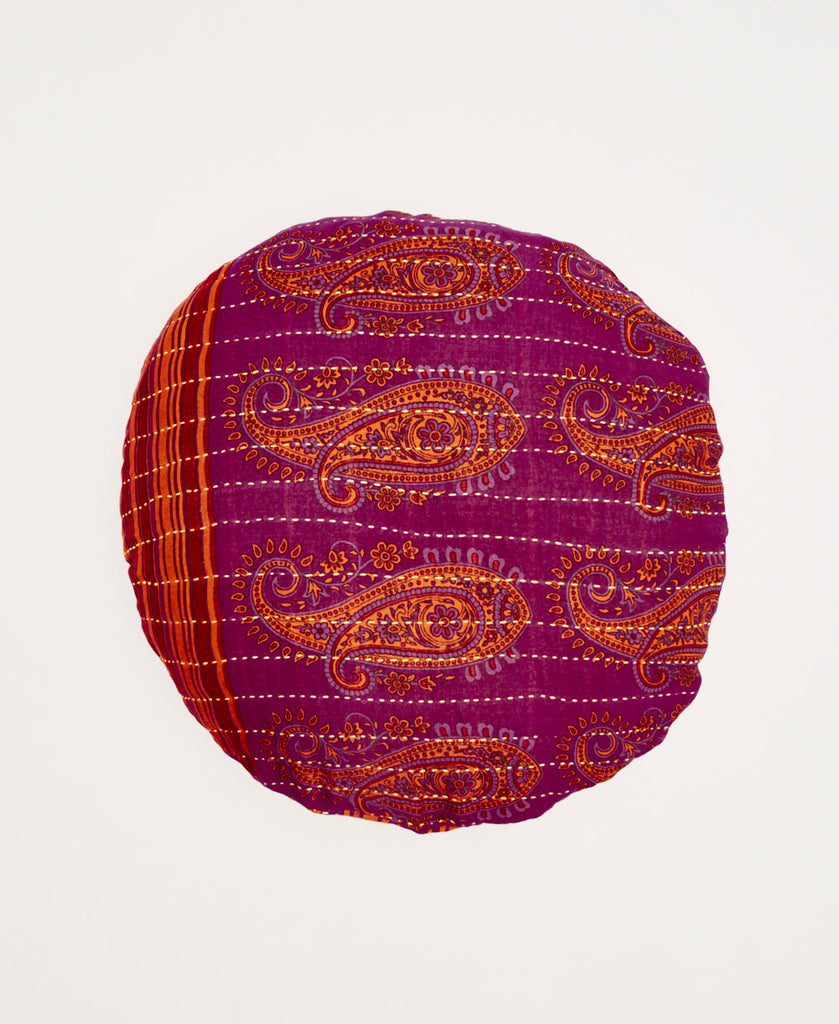 Purple and orange round artisan made throw pillow 