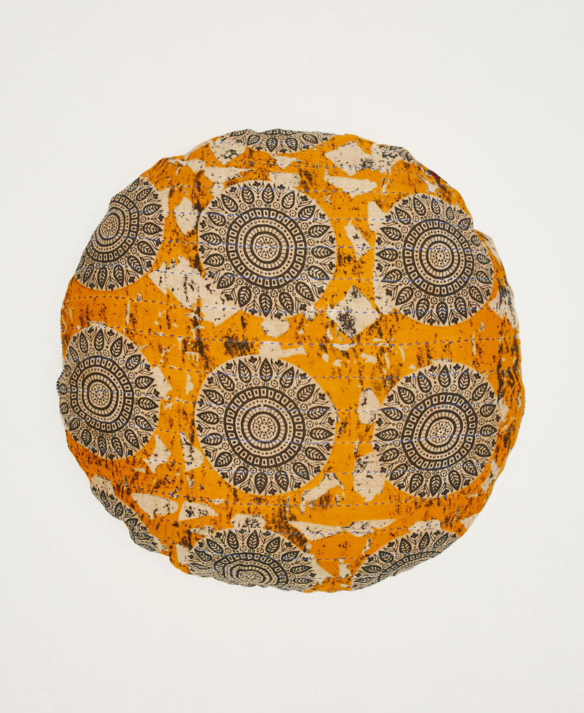 Orange and black circle patter artisan made round  throw pillow 