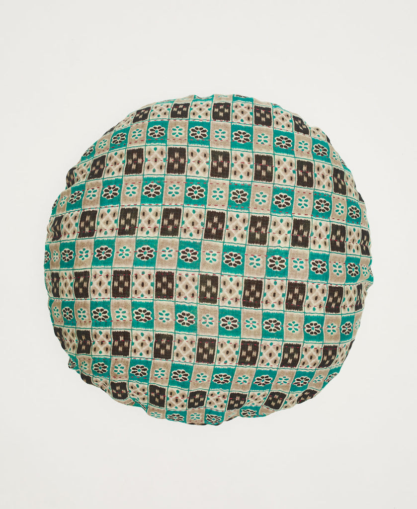 Brown and blue check pattern round throw pillow artisan made 