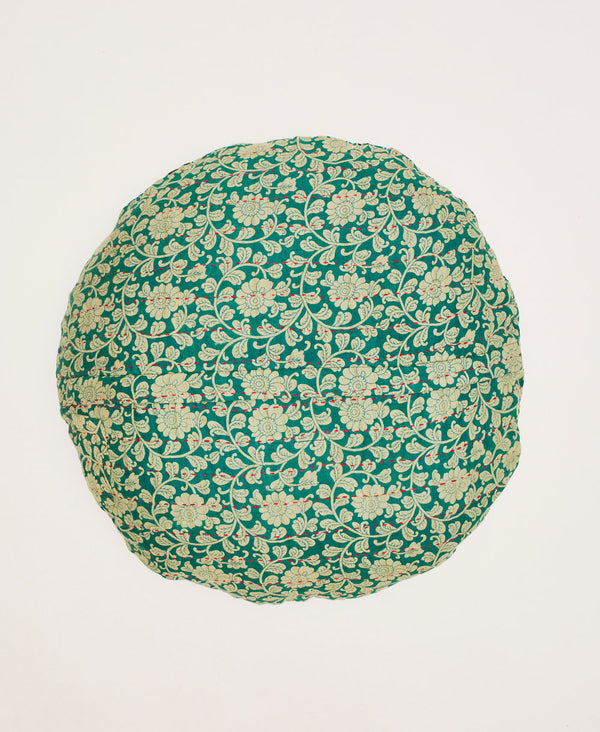 Orante teal and white floral round throw pillow featuring red traditional kantha hand stitching 