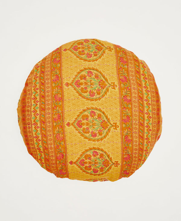Bright yellow, pink, orange, and green floral round artisan made throw pillow 