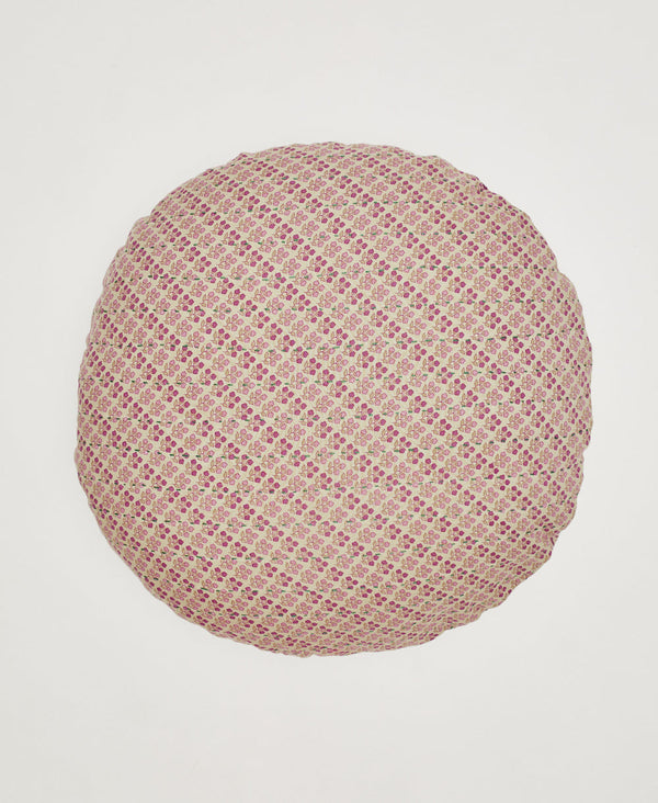 Small pink floral and cream artisan made round throw pillow 