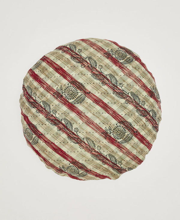 Tan and burgundy striped round artisan made throw pillow 