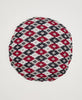 Red, black, and grey ikat print round artisan made throw pillow 