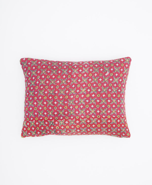 Fan floral small vintage cotton throw pillow featuring a red back ground 