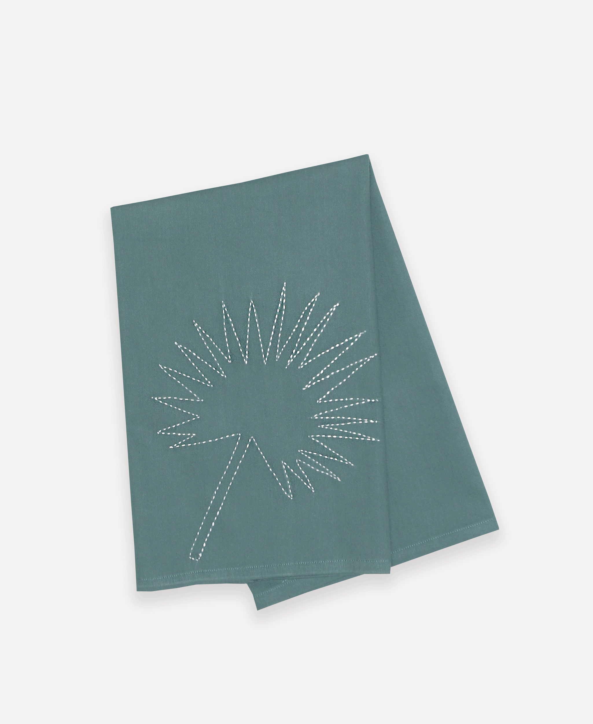 Chamaerops design hand stitched on a blue/green organic cotton kitchen towel