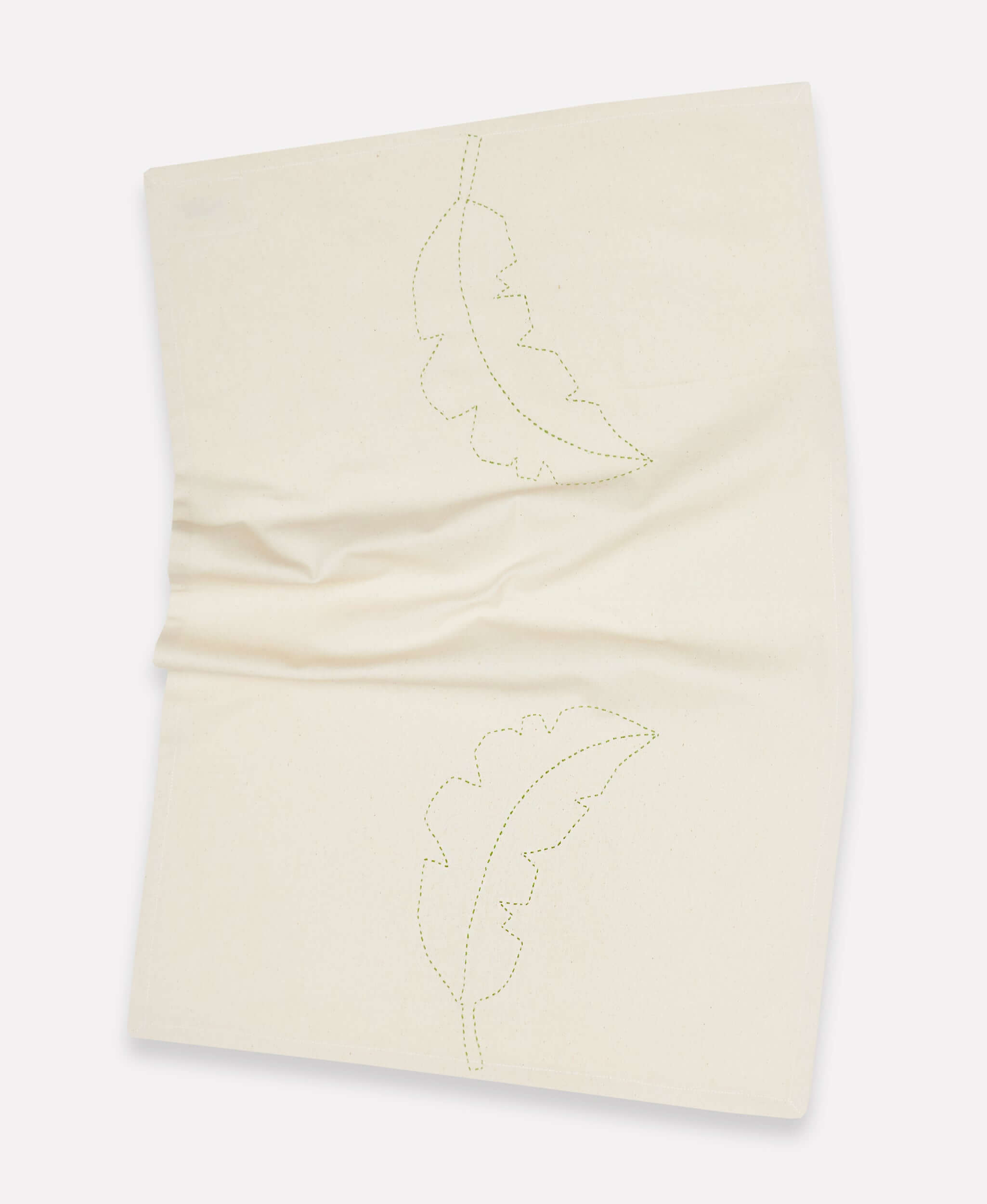 Off white kitchen towel that features green hand stitched palm print for a unique look