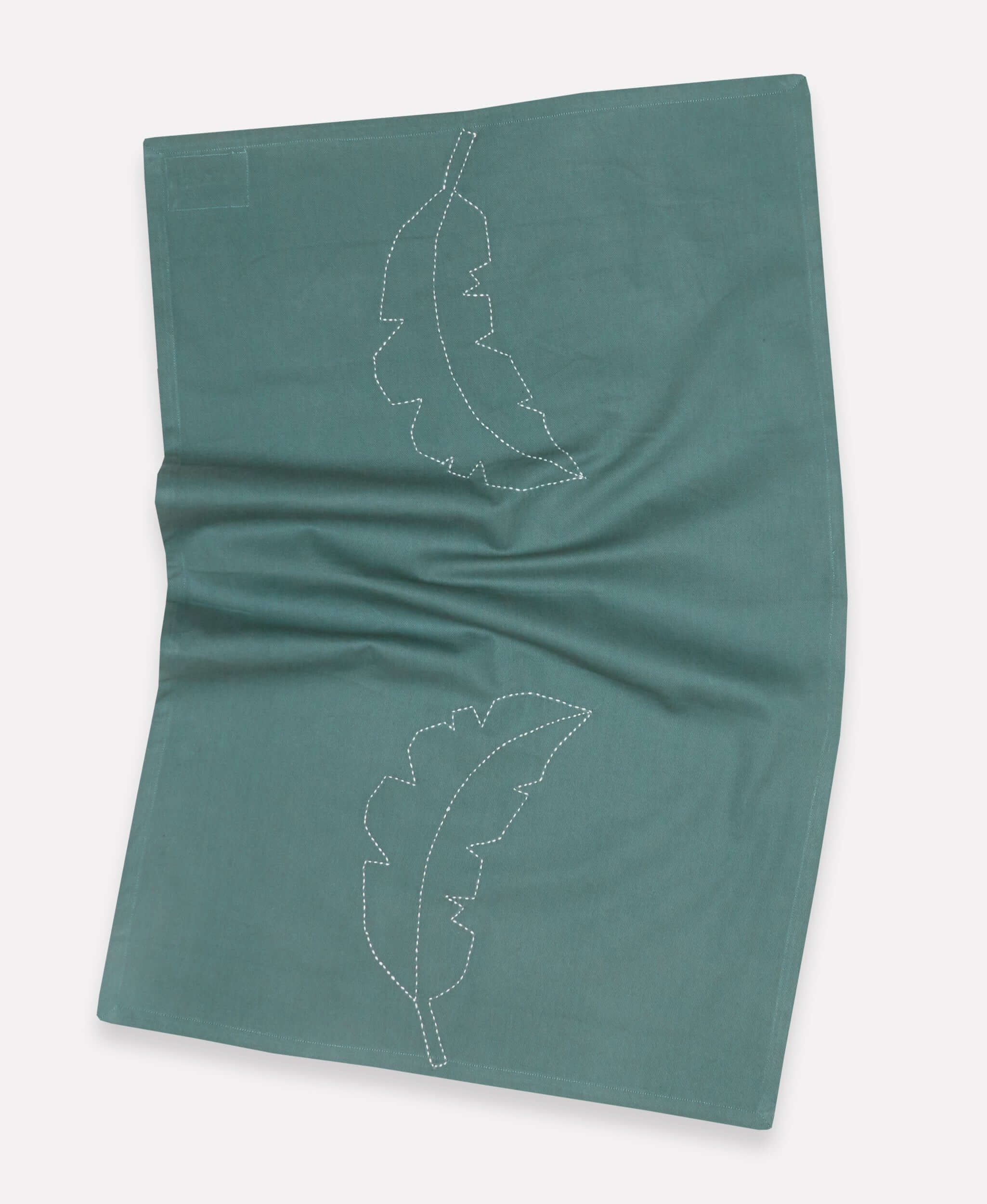 Blue/green hand towel hand stitched on organic cotton with white stitching 