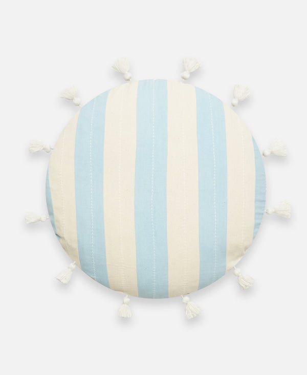 baby blue and white round throw pillow made of GOTS certified organic cotton