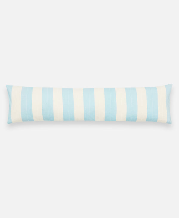 cloud blue and ivory cabana striped throw pillow  hand embroidered by women artisans